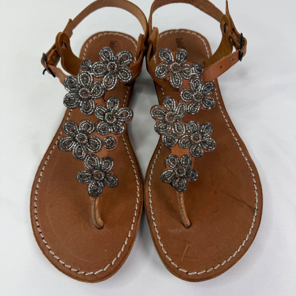 Laidback London Leather Beaded Floral Thong Sandals Tan Silver Size 42